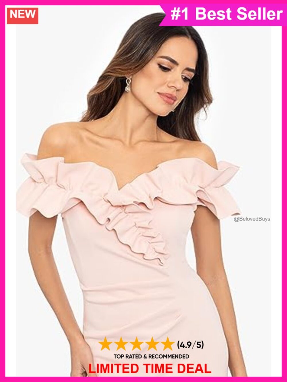Long Stretch Scuba Crepe Ruffle Collar Ruched Dress - Picture 3 of 3
